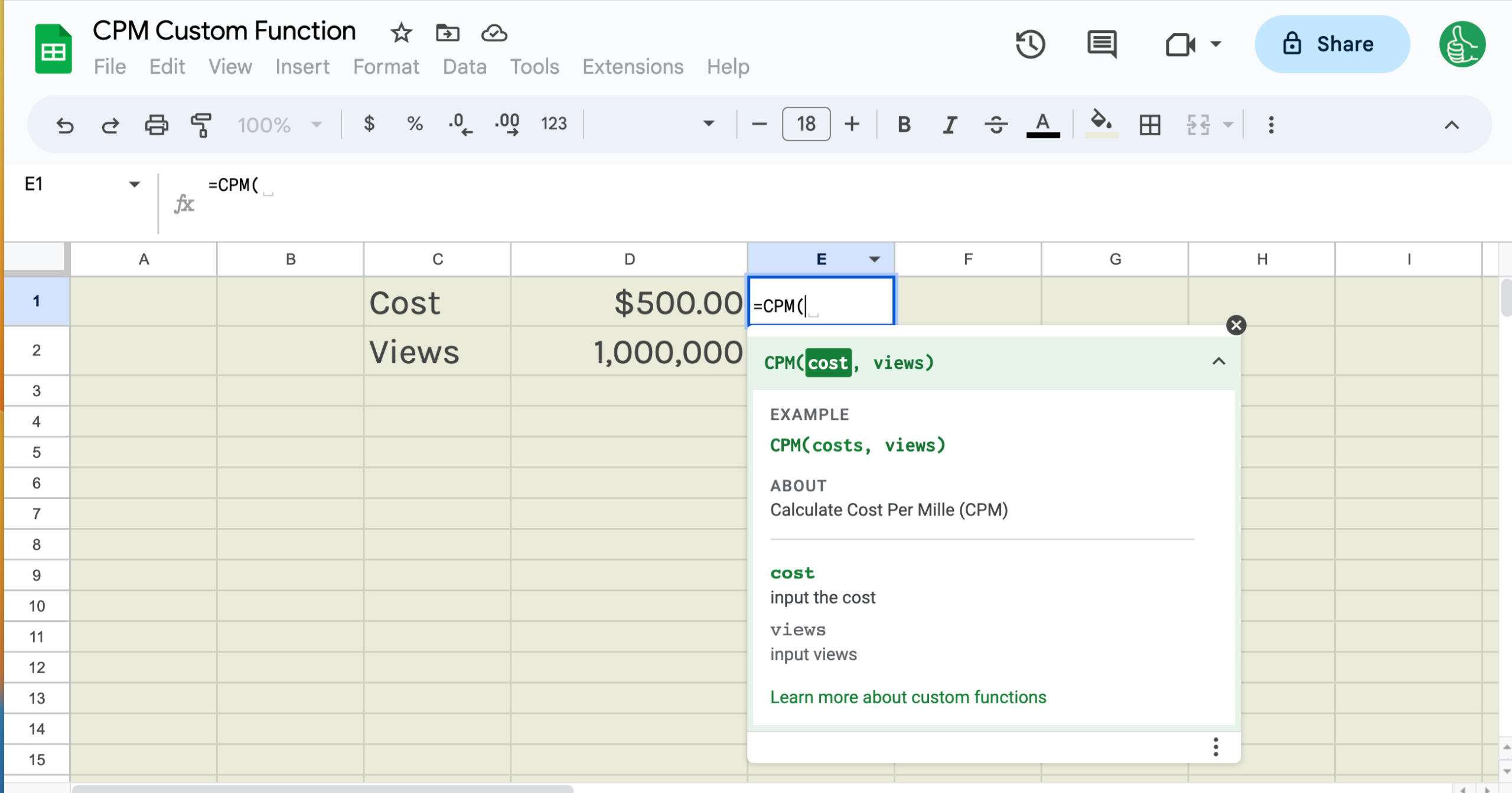 CPM custom function in action on a sheet