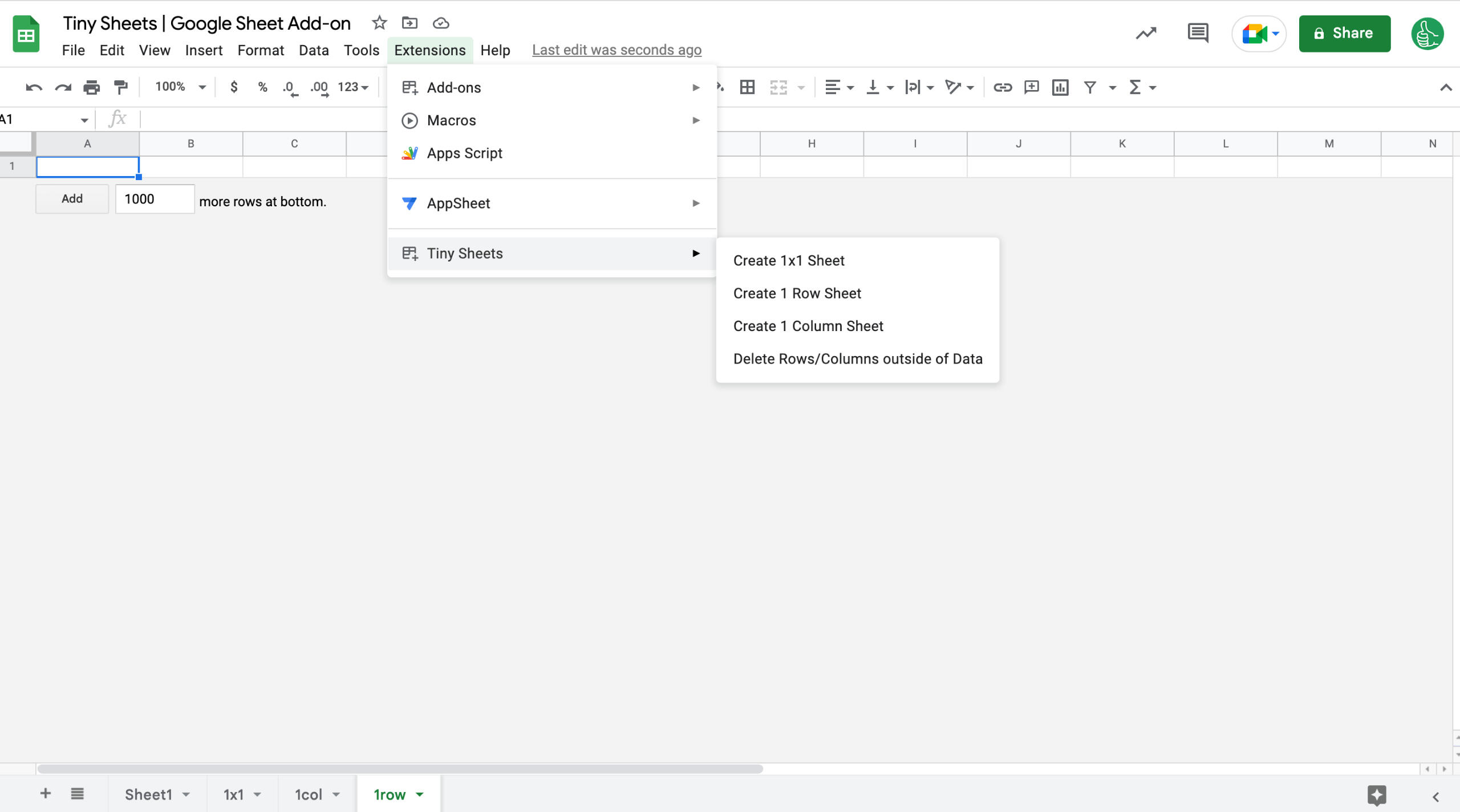 Tiny Sheets menu in Google Sheets: create 1x1, 1 row or 1 column sheets