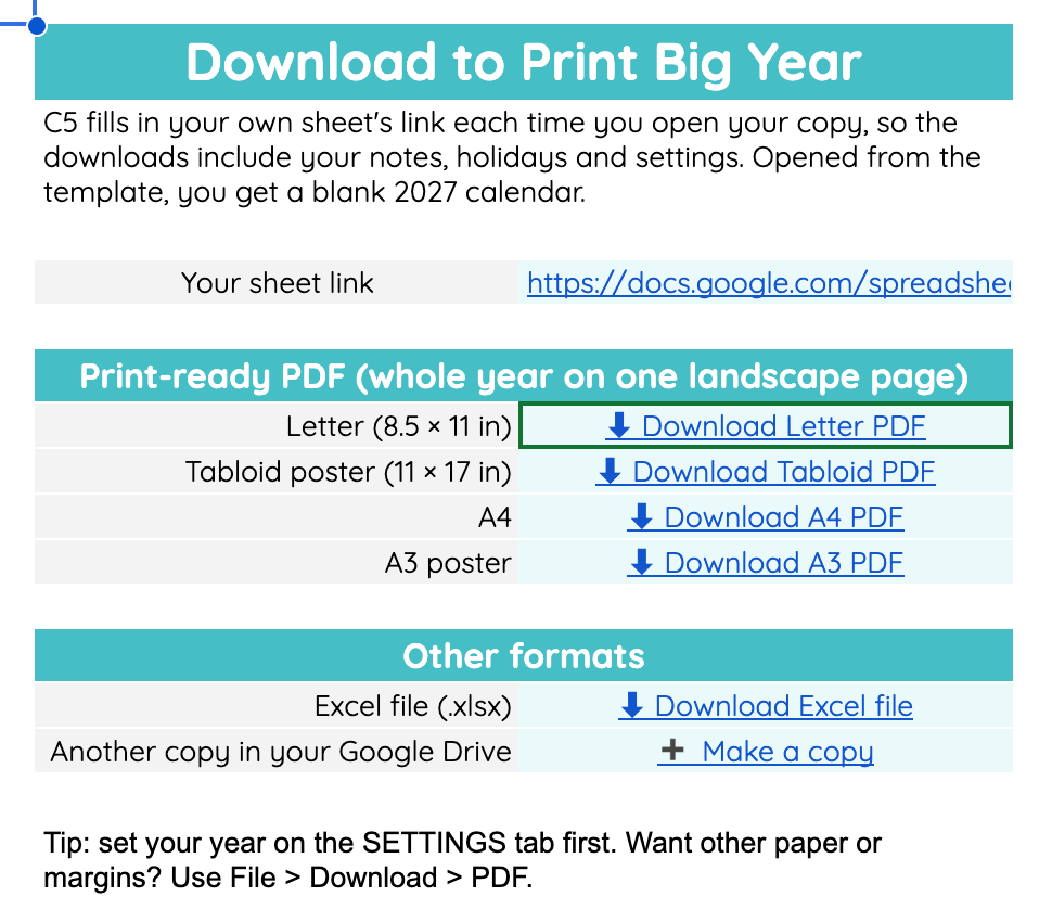 Big Year DOWNLOAD tab with one-click PDF links for Letter, Tabloid, A4 and A3, plus Excel