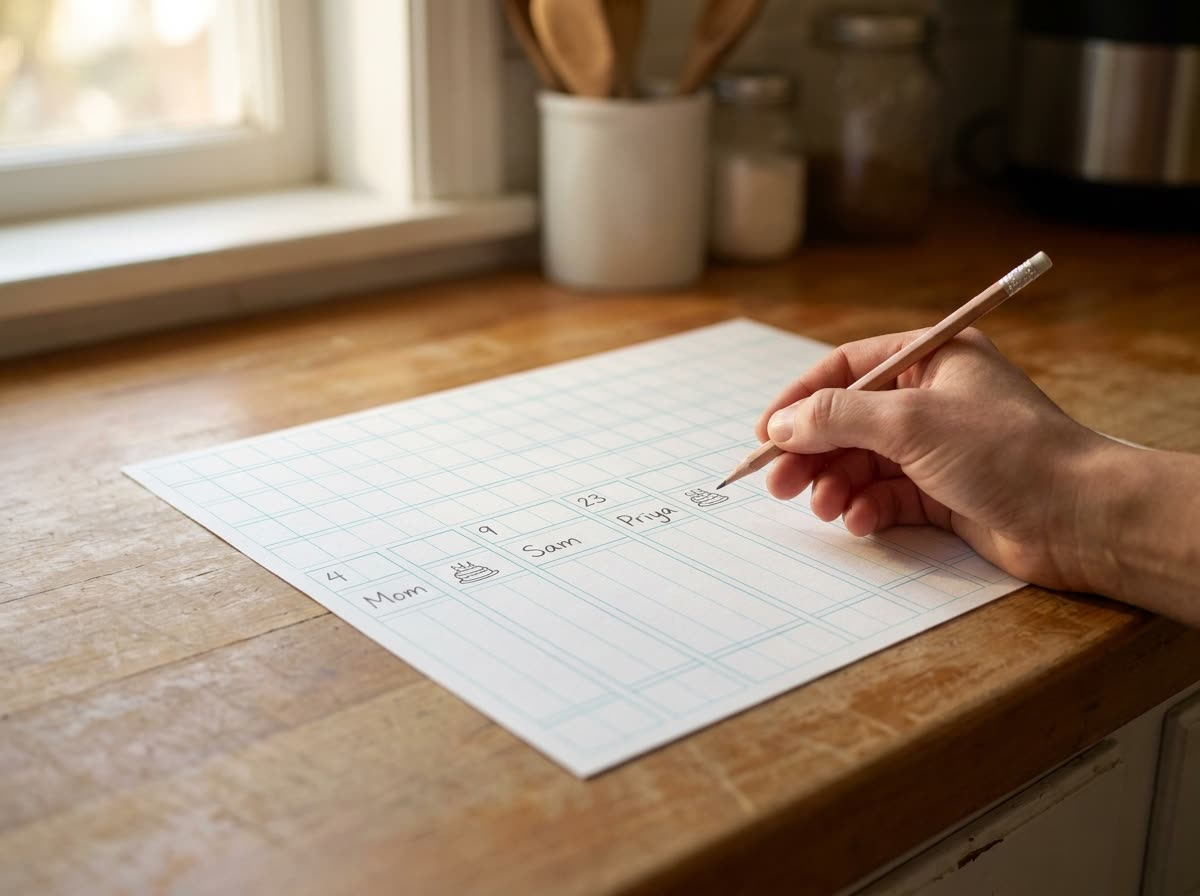 Names and birthdays handwritten on the undated calendar on a kitchen counter