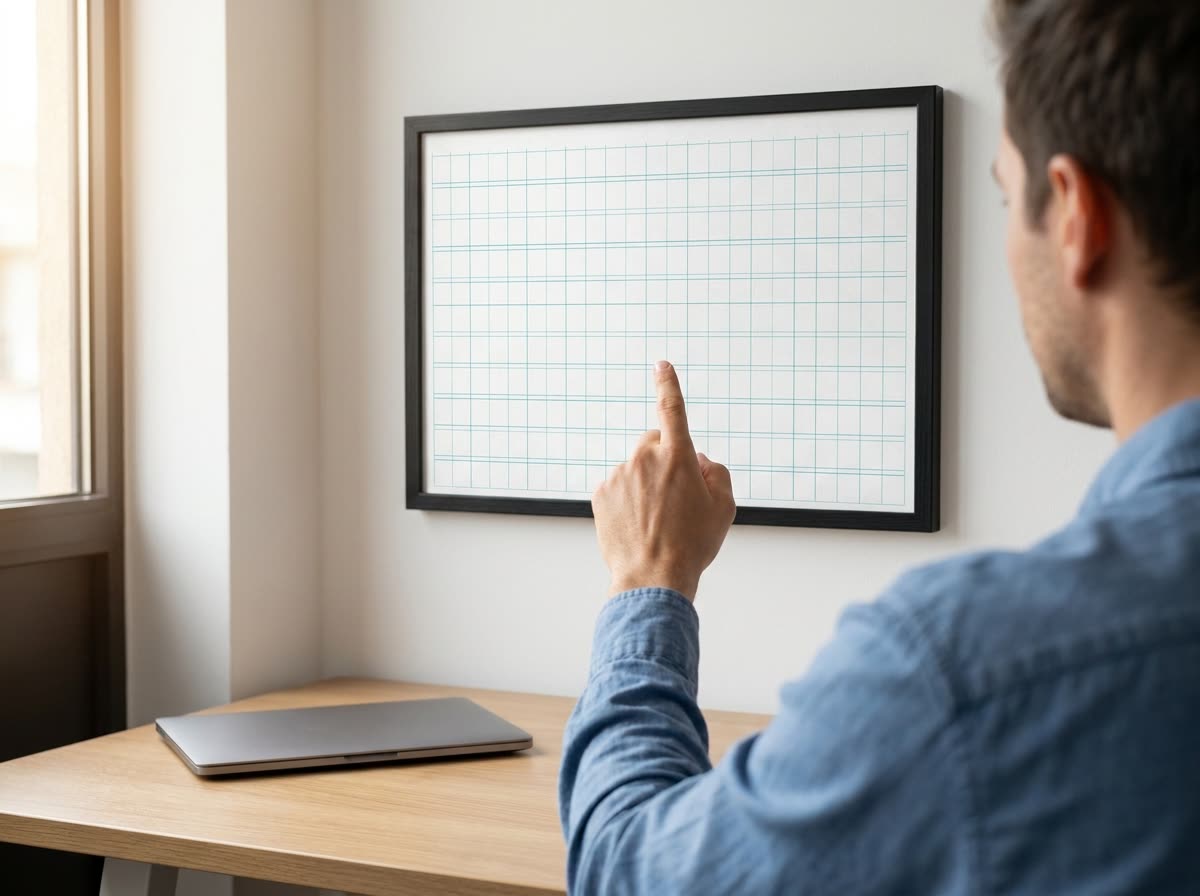 A completely blank undated calendar in a black frame on an office wall, a person pointing at it