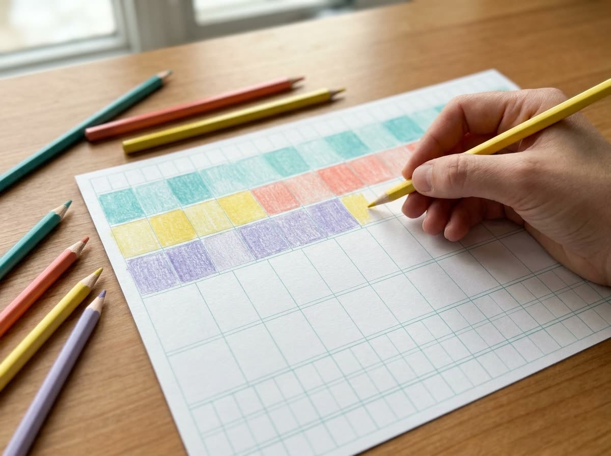 Printed undated calendar with the first rows colored in with colored pencils as a mood tracker
