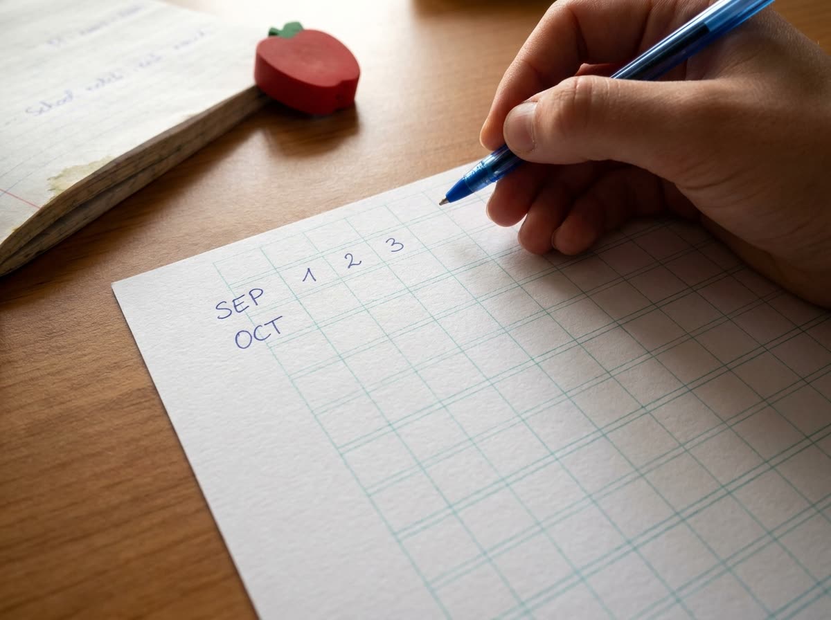 A hand writing SEP and OCT beside the first rows of the undated calendar