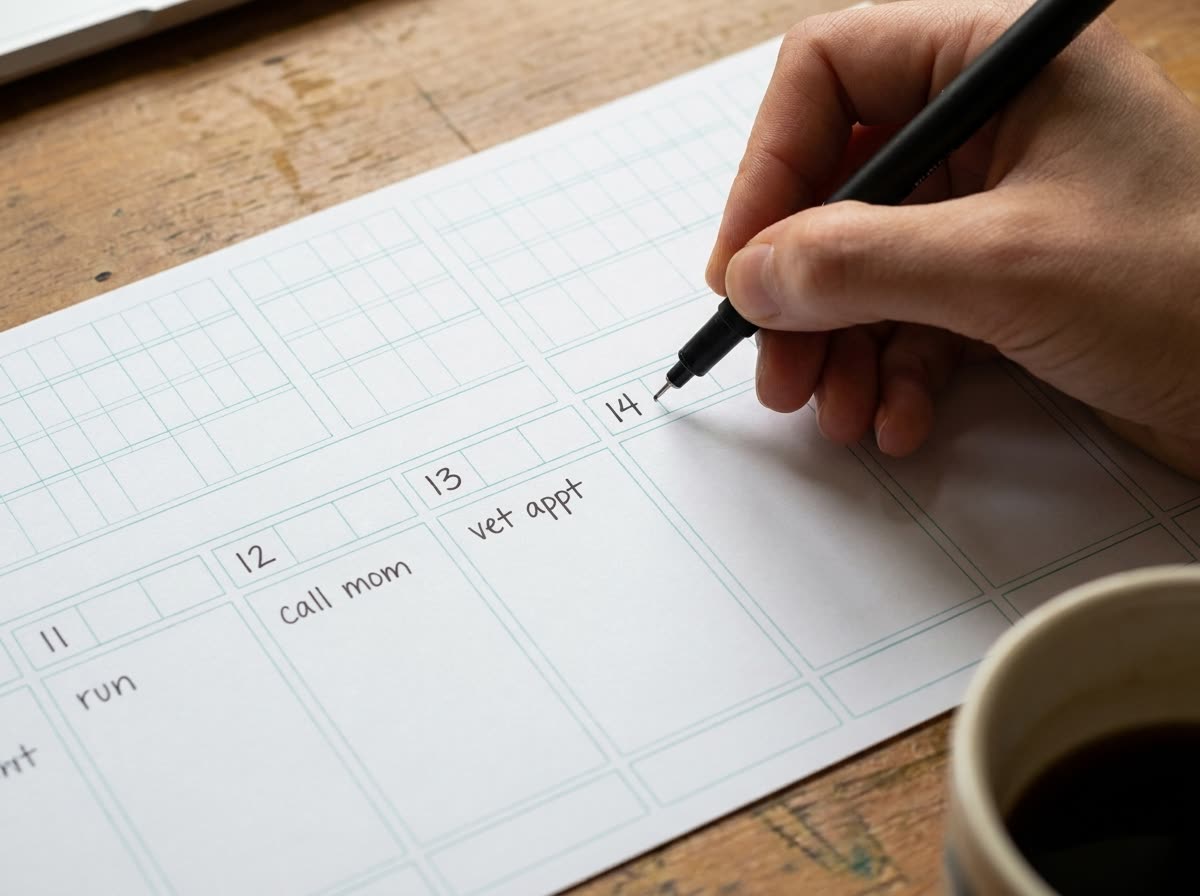 A hand writing day numbers and short notes into the printed undated calendar