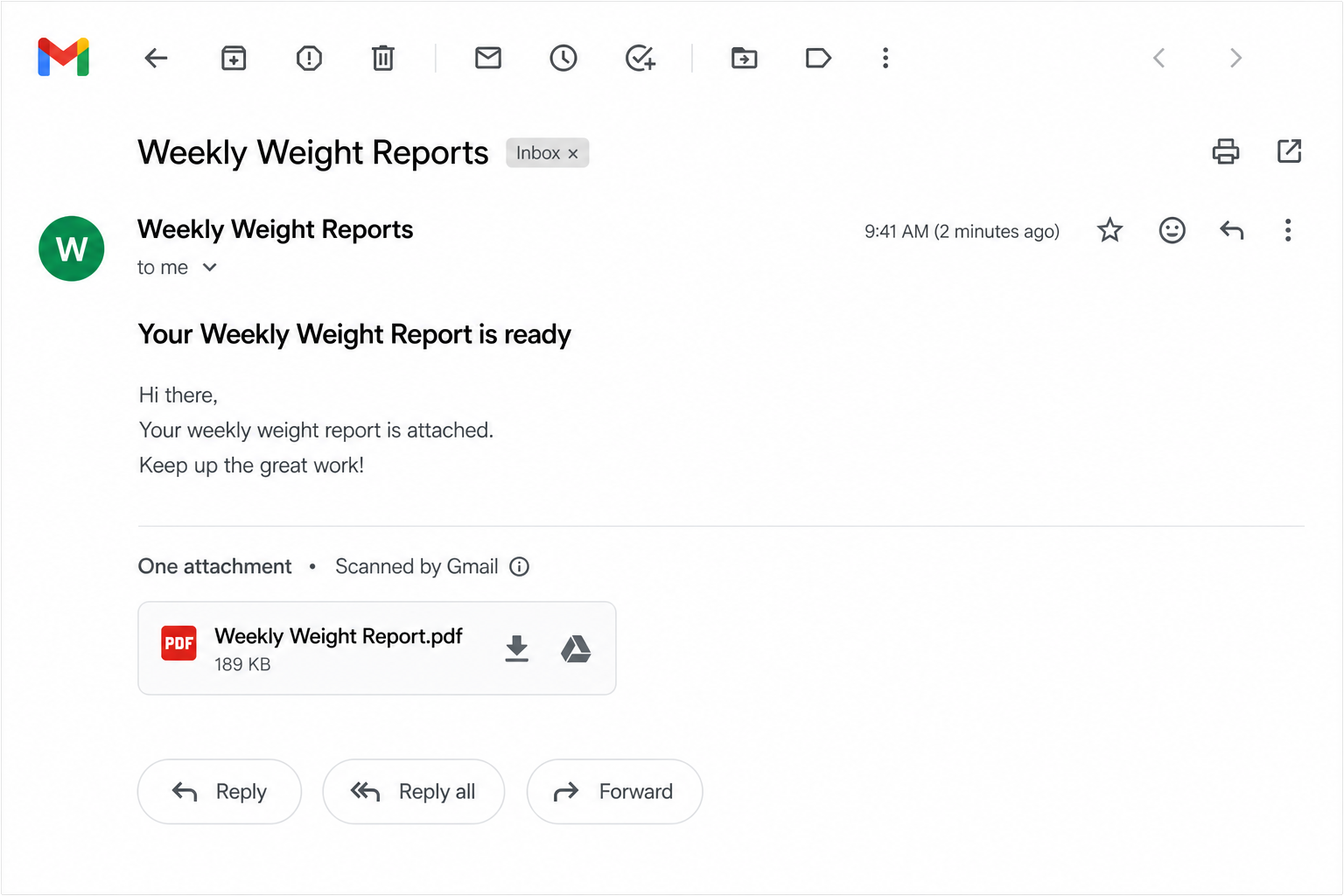 Weekly weight report PDF in Gmail with streak counter