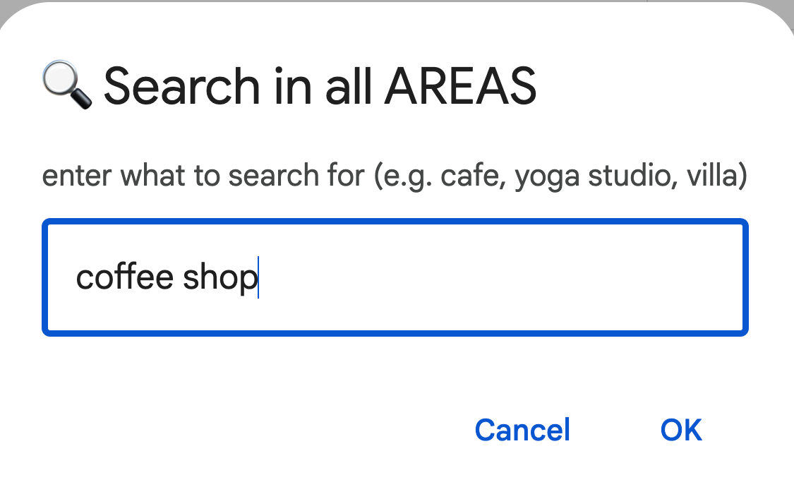 The Search in all AREAS box with "coffee shop" typed in