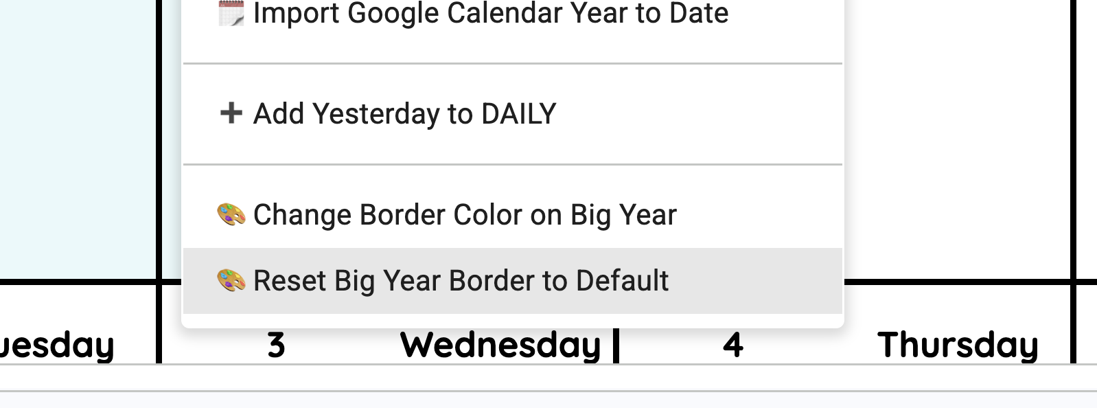 The Big Year Menu with the two new border color buttons