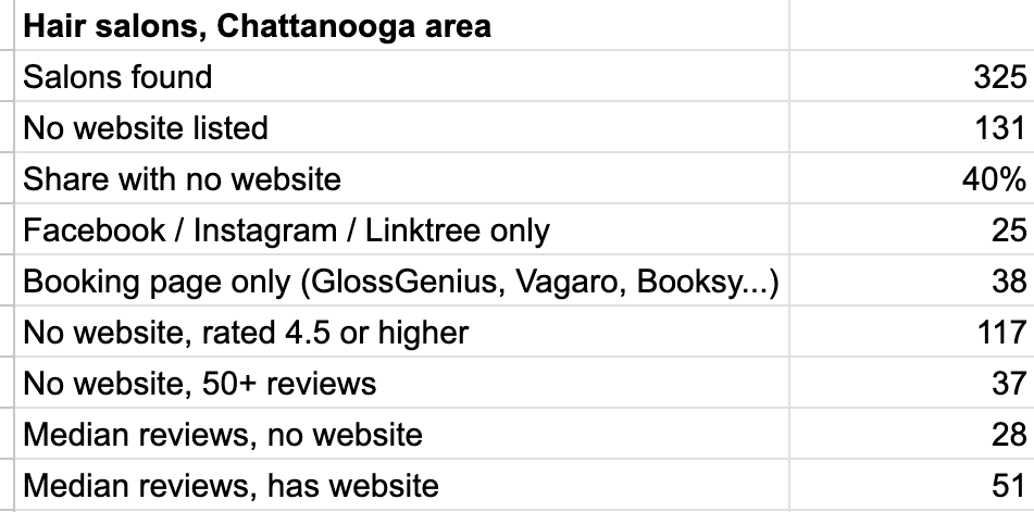 Summary: 325 salons found, 131 with no website listed, 40%