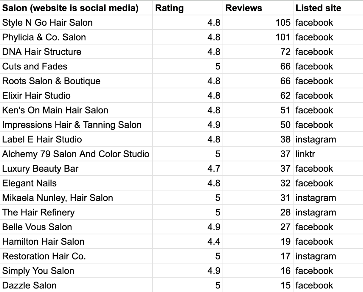 Salons whose website is social media: Style N Go Hair Salon 4.8 and 105 reviews, Phylicia & Co. Salon 4.8 and 101, DNA Hair Structure 4.8 and 72, Cuts and Fades 5.0 and 66, Roots Salon & Boutique 4.8 and 66, Elixir Hair Studio 4.8 and 62, Ken's On Main Hair Salon 4.8 and 51, Impressions Hair & Tanning Salon 4.9 and 50
