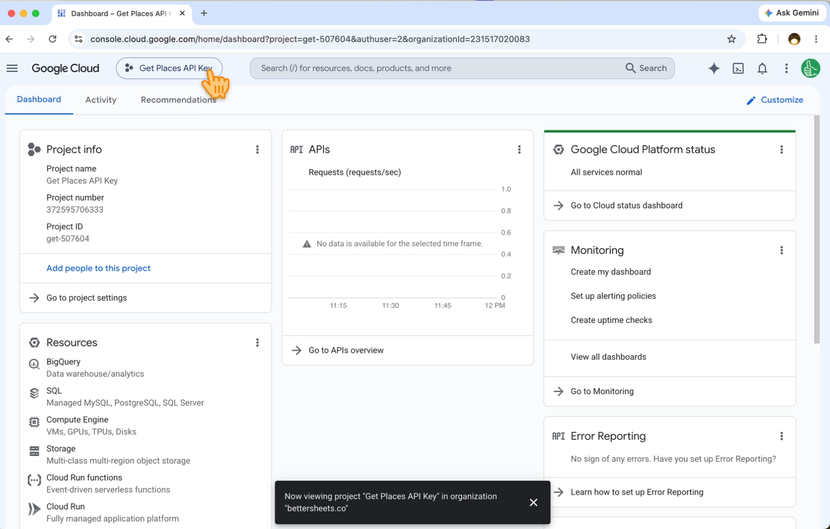 The Google Cloud dashboard for a new project called Get Places API Key