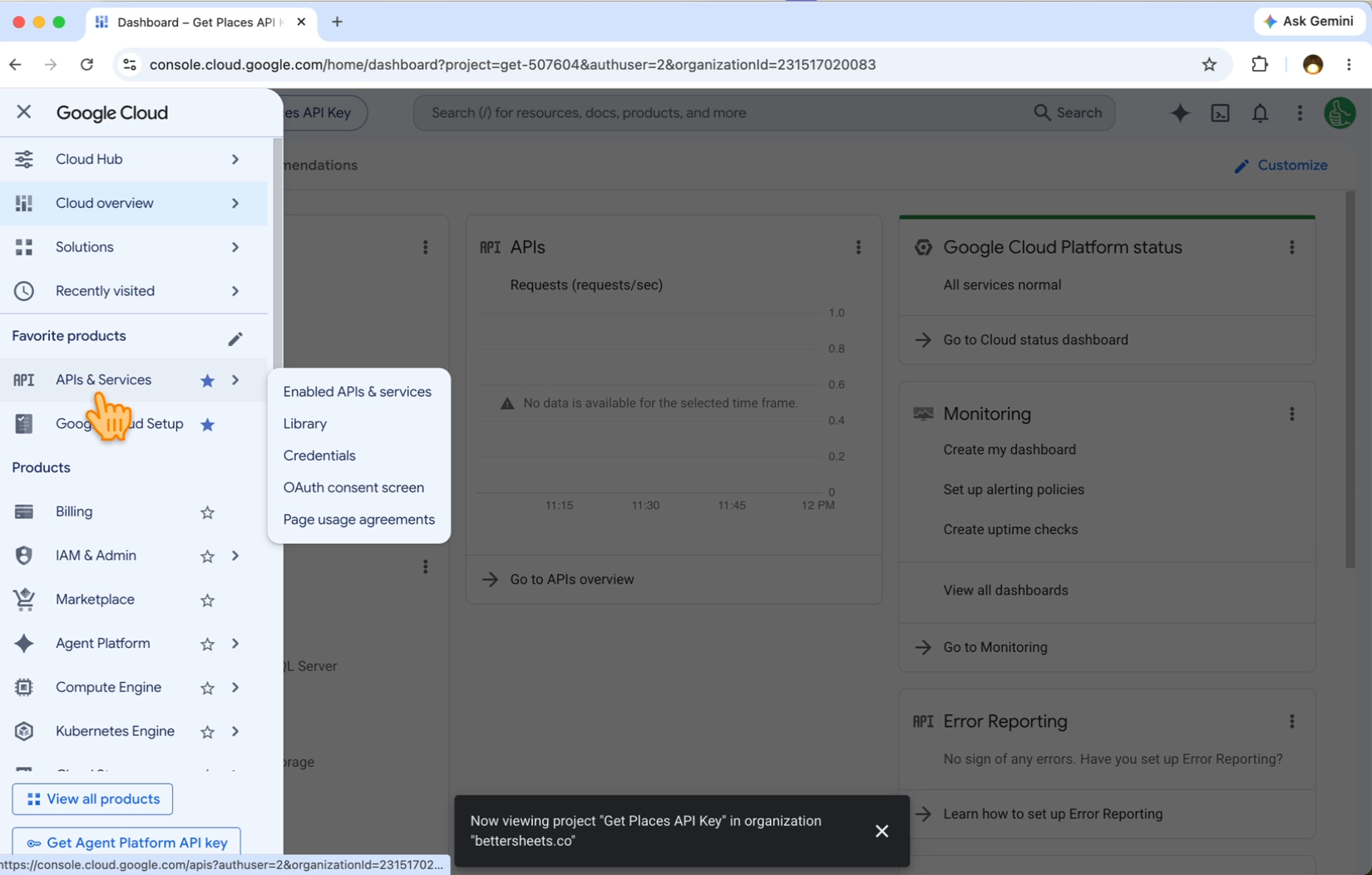 The left menu open with APIs & Services and its submenu showing Enabled APIs & services