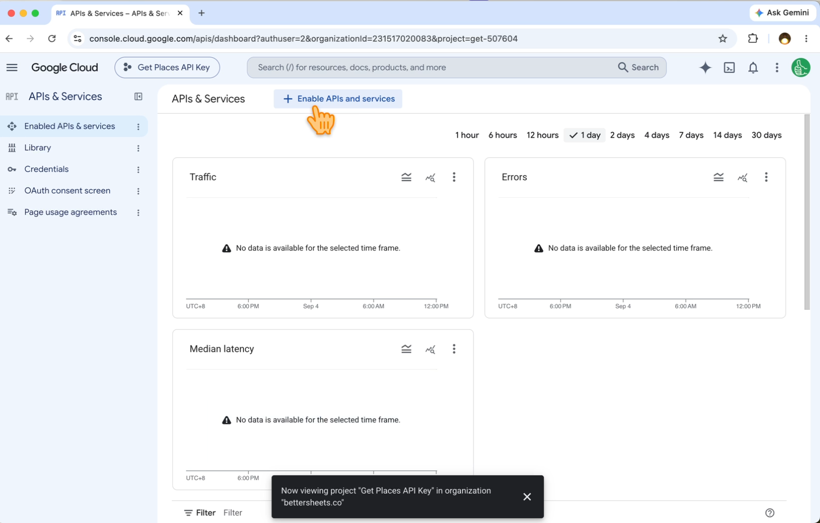 The APIs & Services page with the Enable APIs and services button at the top