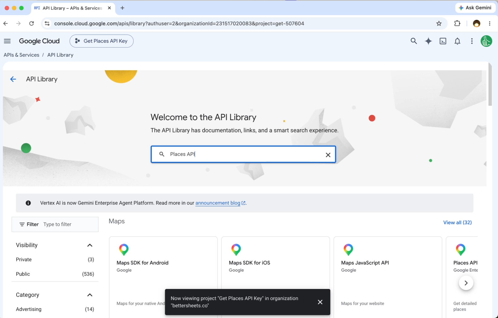 The API Library with Places API typed into the search box