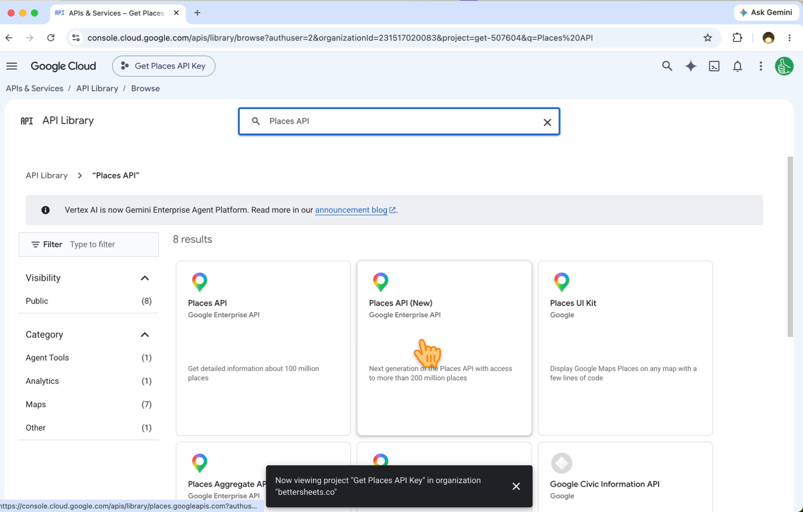 Search results showing Places API, Places API (New) and Places UI Kit, with Places API (New) selected
