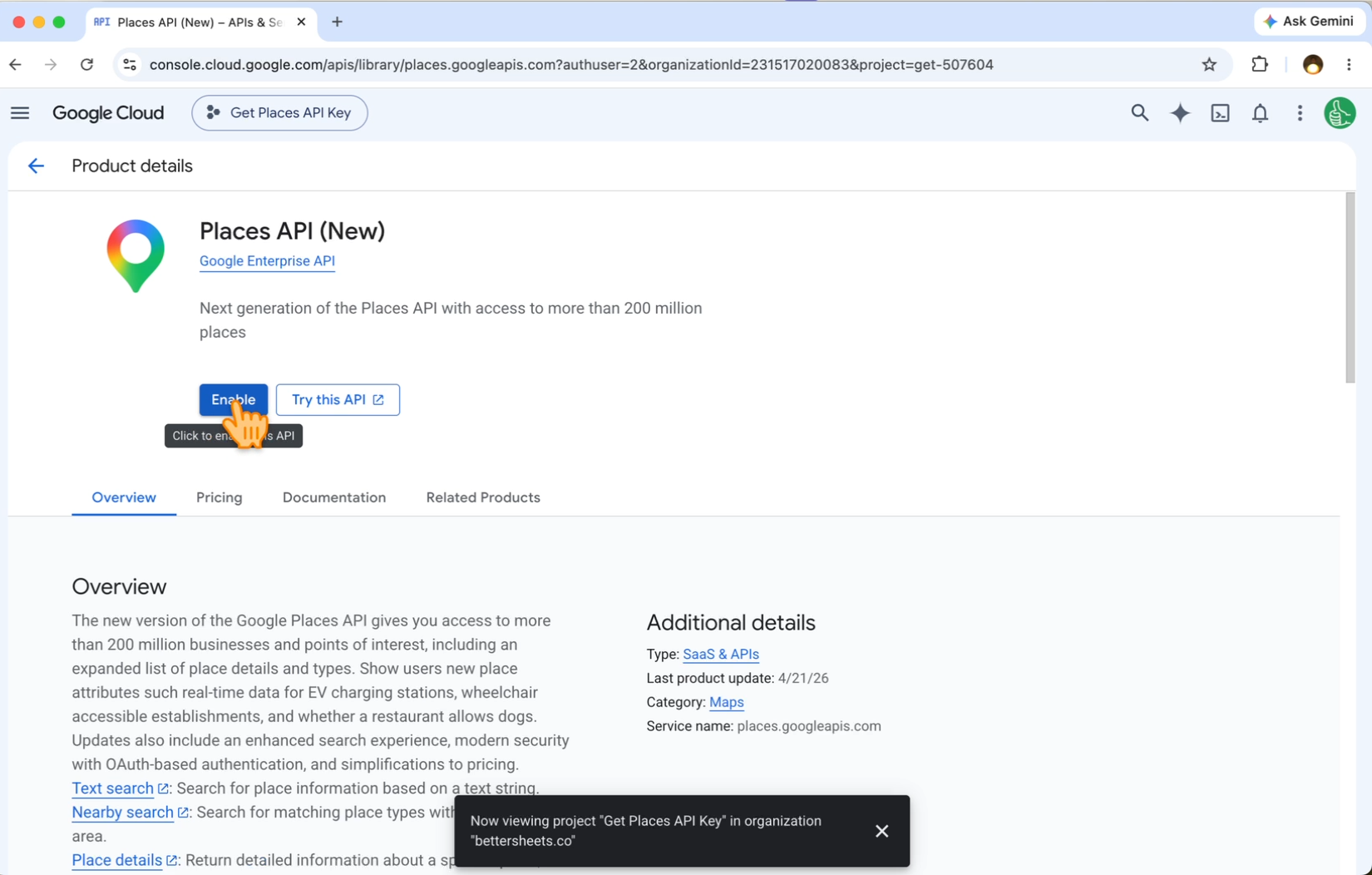 The Places API (New) product page with the Enable button