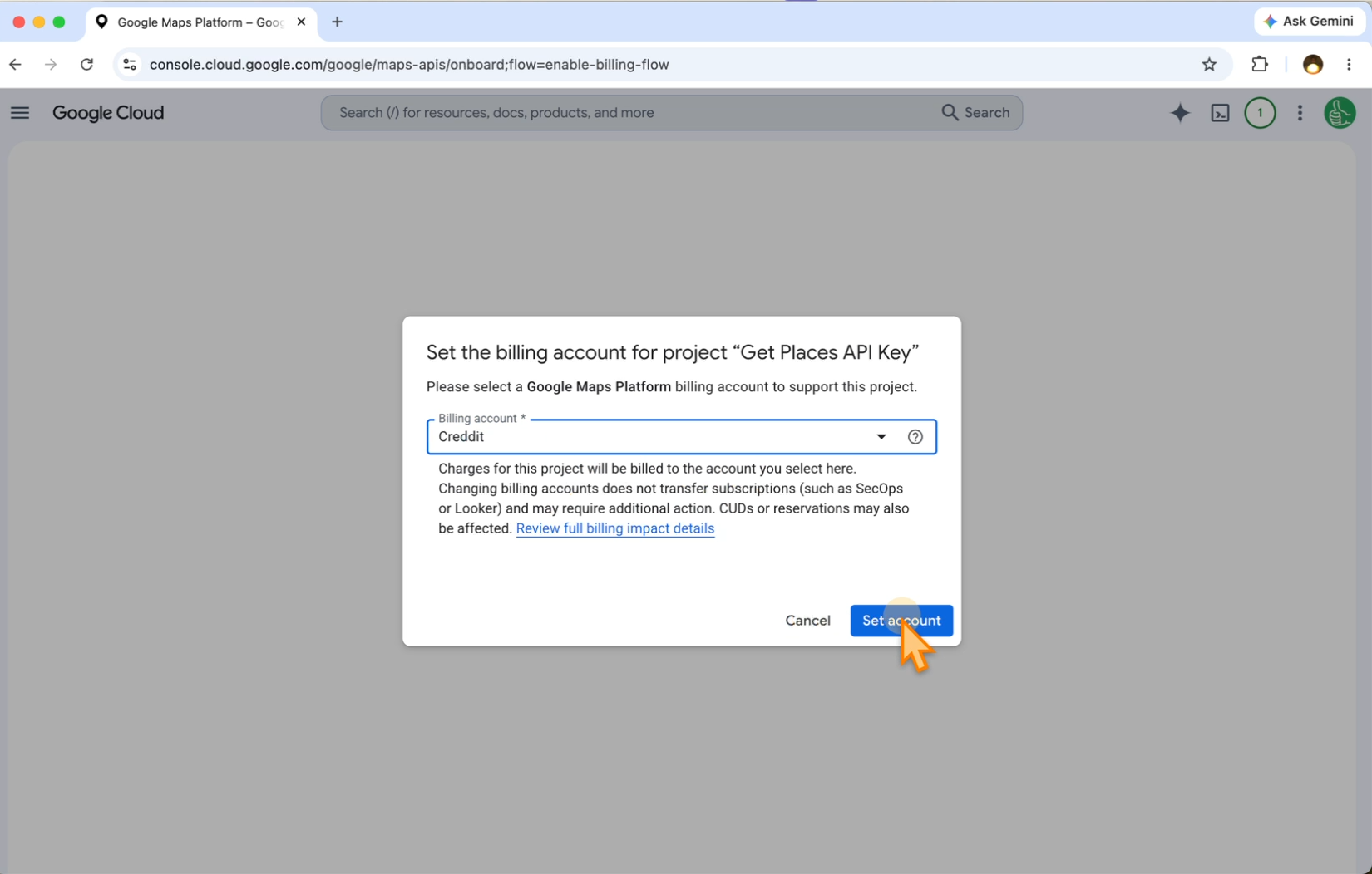 The Set the billing account dialog with a billing account selected and the Set account button