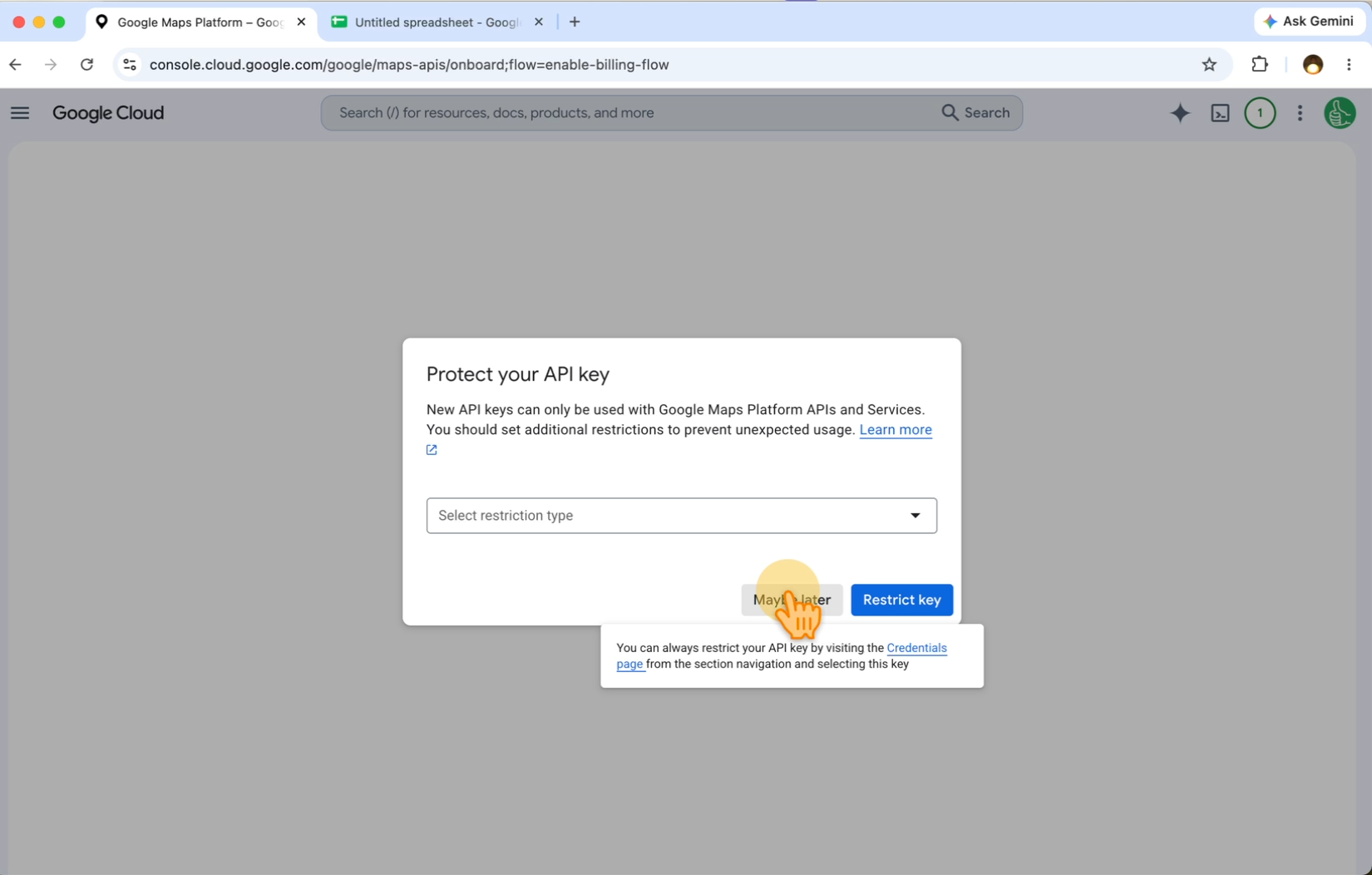 The Protect your API key dialog with Maybe later and Restrict key buttons