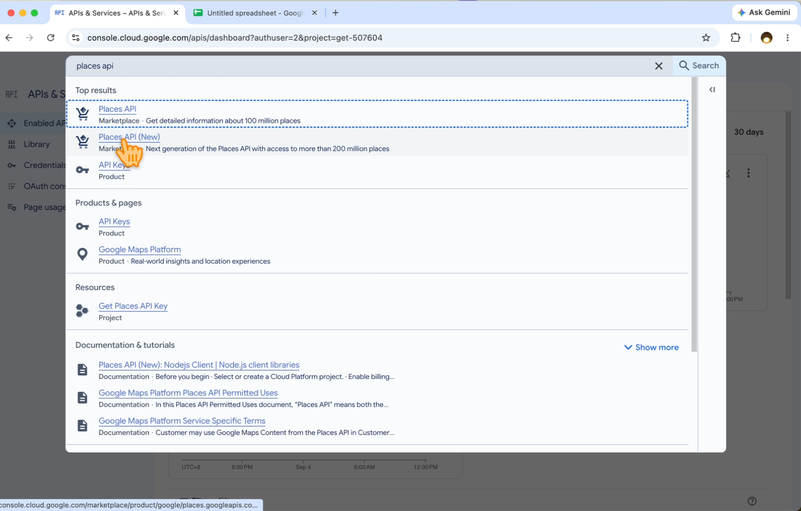 The Google Cloud search bar with places api typed, showing Places API (New) in the results