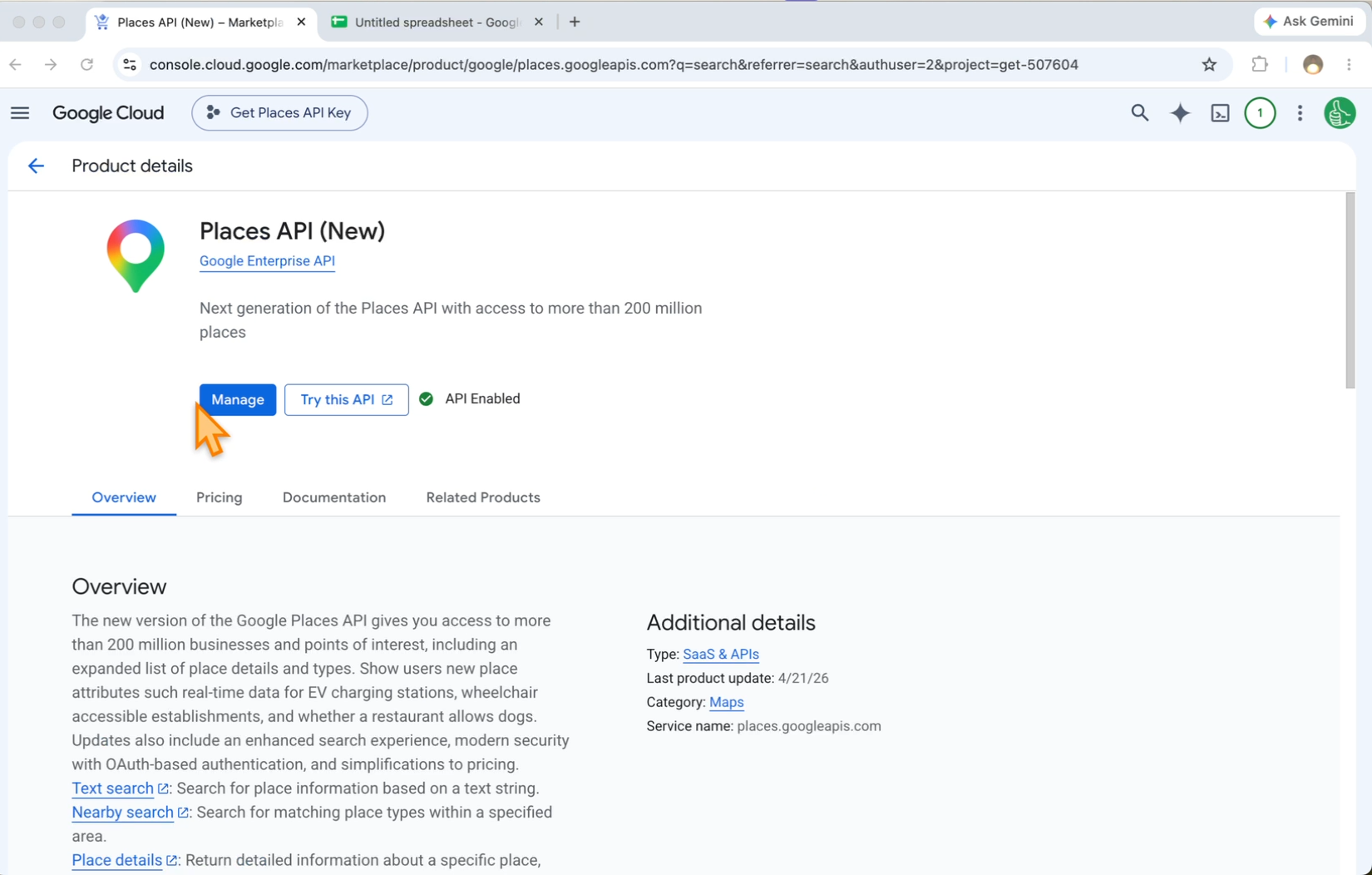 The Places API (New) page with the Manage button and API Enabled