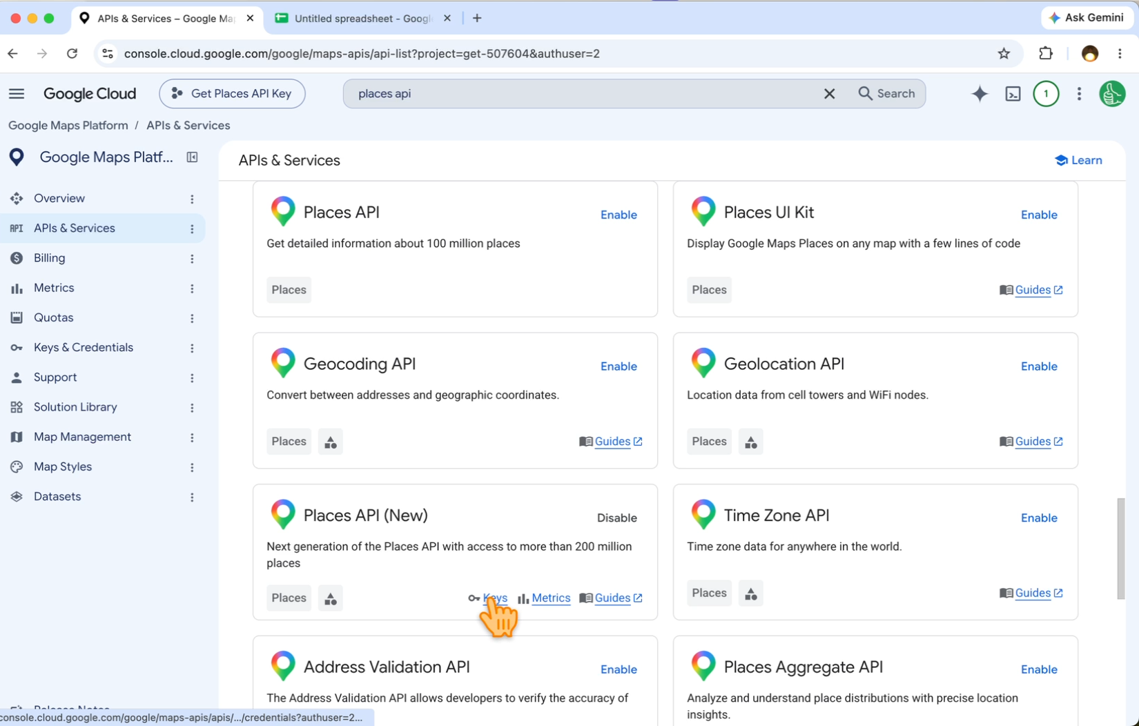 The Google Maps Platform APIs & Services list with Places API (New) showing Disable, and the Keys link under it