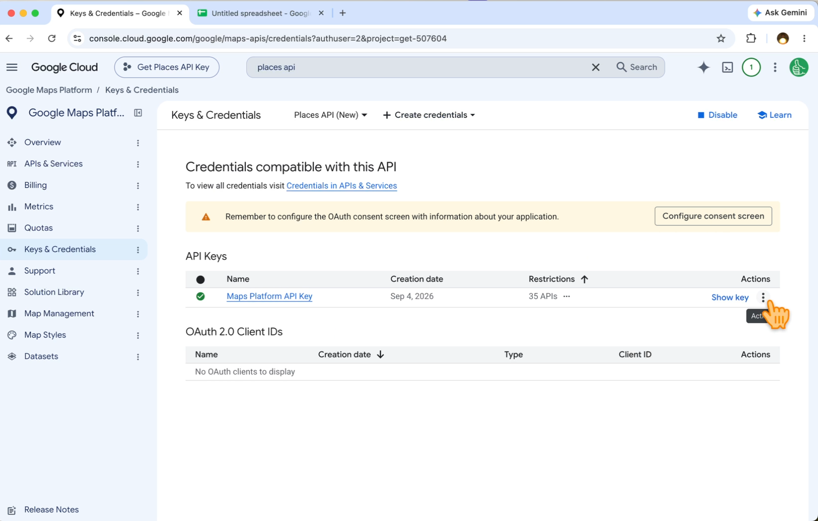 The Keys & Credentials page with one API key and the Show key link