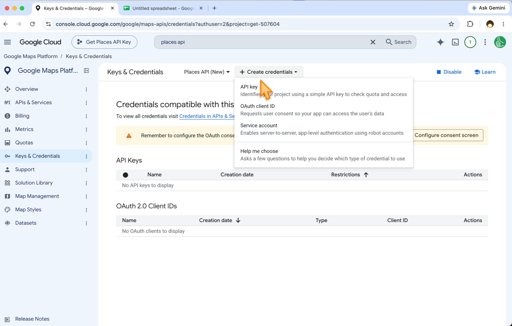 The Create credentials menu open with API key as the first option