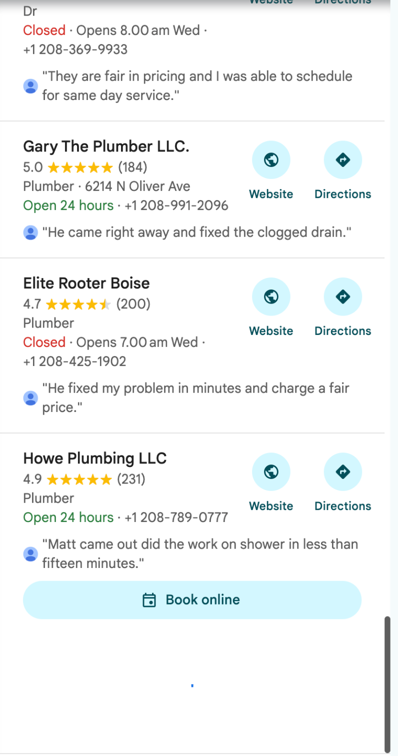 The bottom of the Google Maps results for plumber in Boise, ID, with a loading spinner under Howe Plumbing LLC