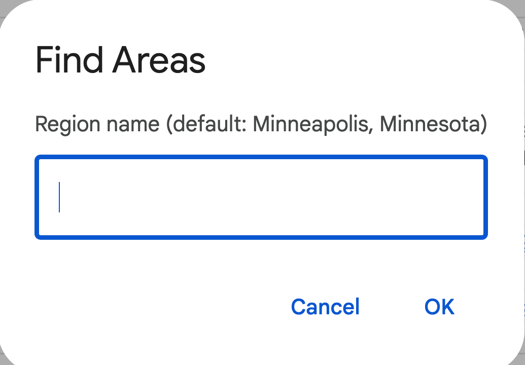 The Find Areas box with Minneapolis, Minnesota as the default region