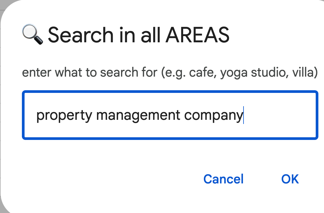 The Search in all AREAS box with "property management company" typed in