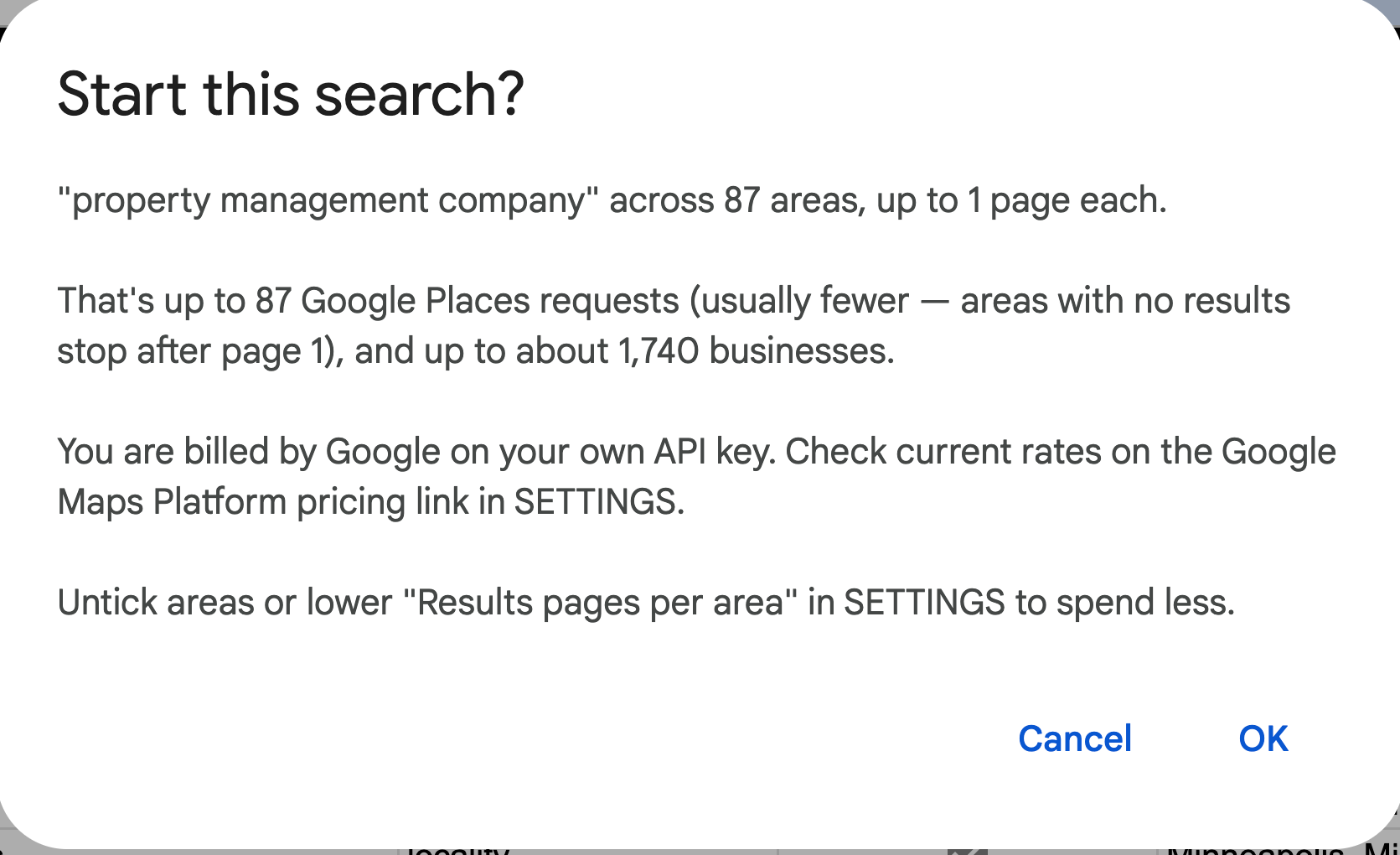 Start this search? "property management company" across 87 areas, up to 87 Google Places requests