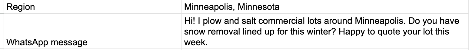 The WhatsApp message setting: Hi! I plow and salt commercial lots around Minneapolis. Do you have snow removal lined up for this winter? Happy to quote your lot this week.
