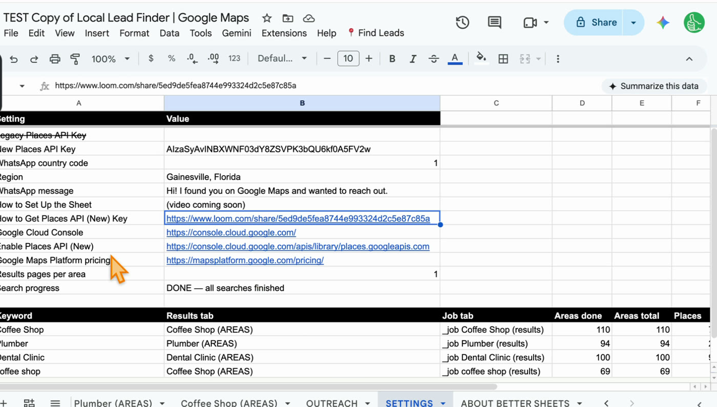 The Local Lead Finder SETTINGS tab, with the Places API key, WhatsApp message and region