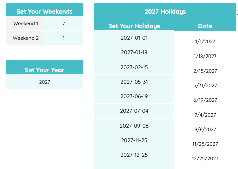 The SETTINGS tab with the year set to 2027 and nine US holidays