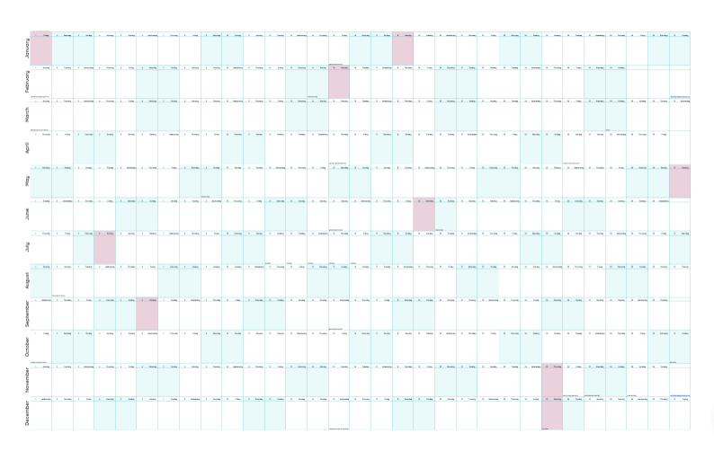 The whole of 2027 on one page: twelve rows of days, weekends in light blue, holidays in pink