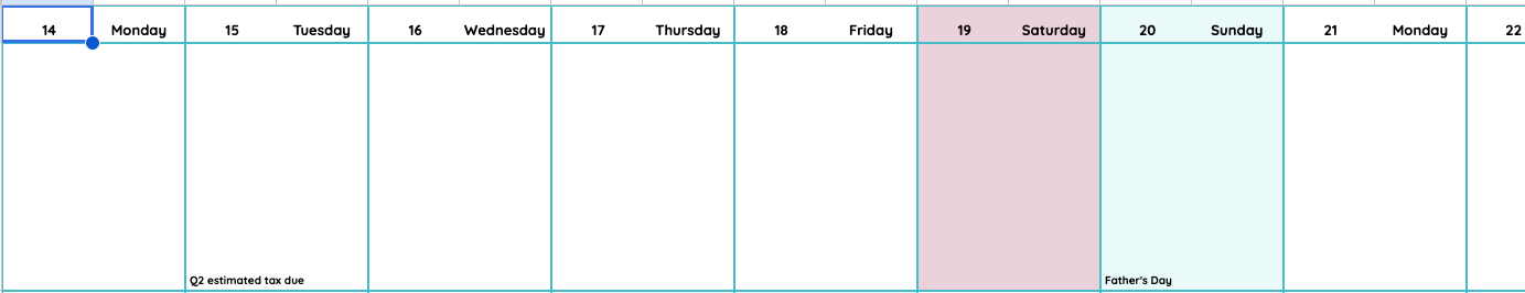 June 14 to 22: Q2 estimated tax on the 15th, Juneteenth on the 19th, Father's Day on the 20th