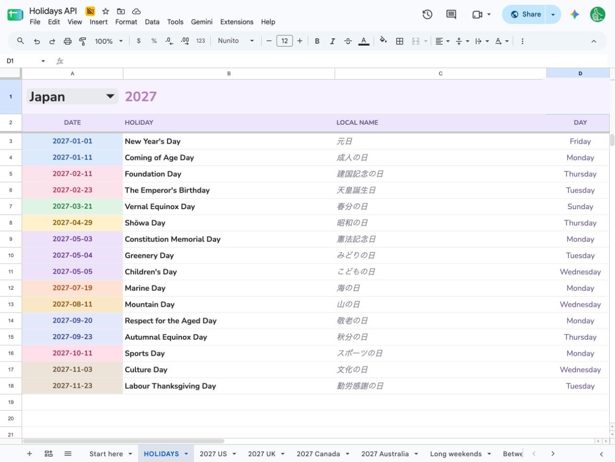 The HOLIDAYS tab showing all 16 public holidays in Japan in 2027 with local names