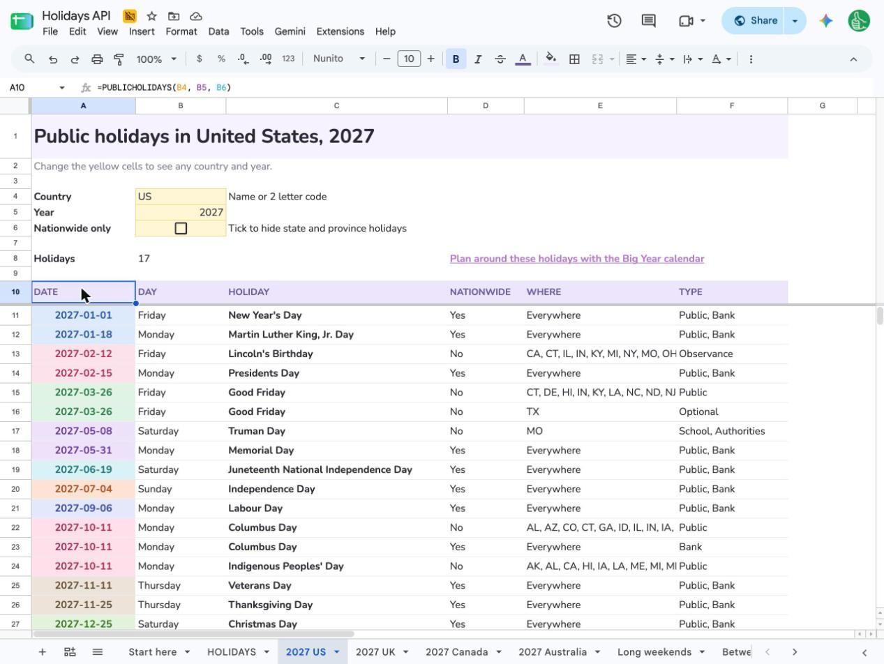 The 2027 US tab with the PUBLICHOLIDAYS formula in A10 and 17 holidays