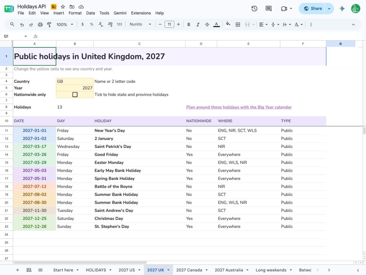 The 2027 UK tab with 13 holidays and where each one applies