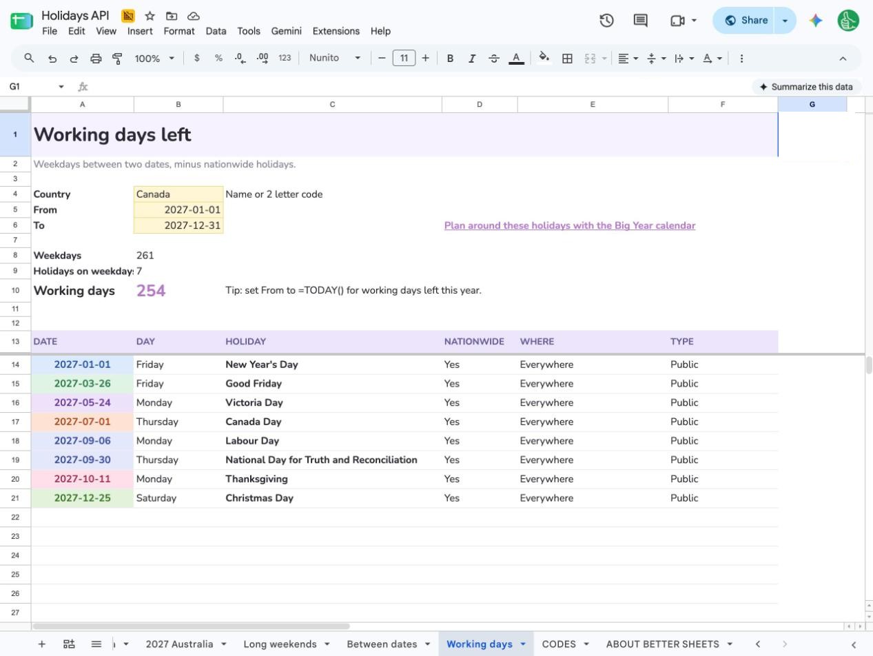 Working days in Canada in 2027: 254