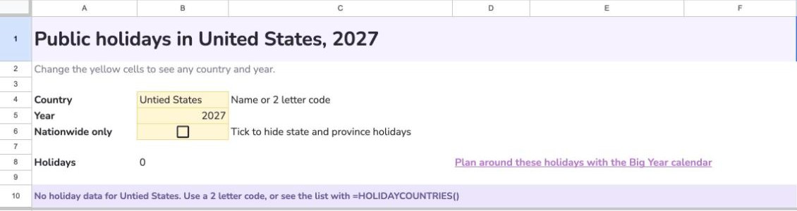 The 2027 US tab with the country typed as Untied States, showing a no holiday data message