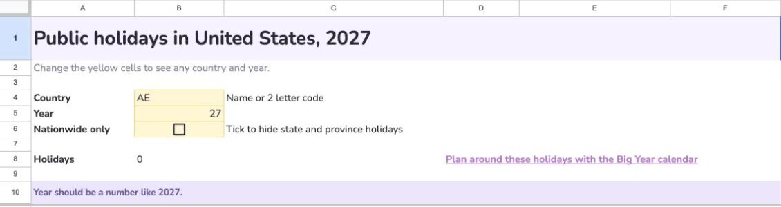 The 2027 US tab with the year typed as 27, showing Year should be a number like 2027