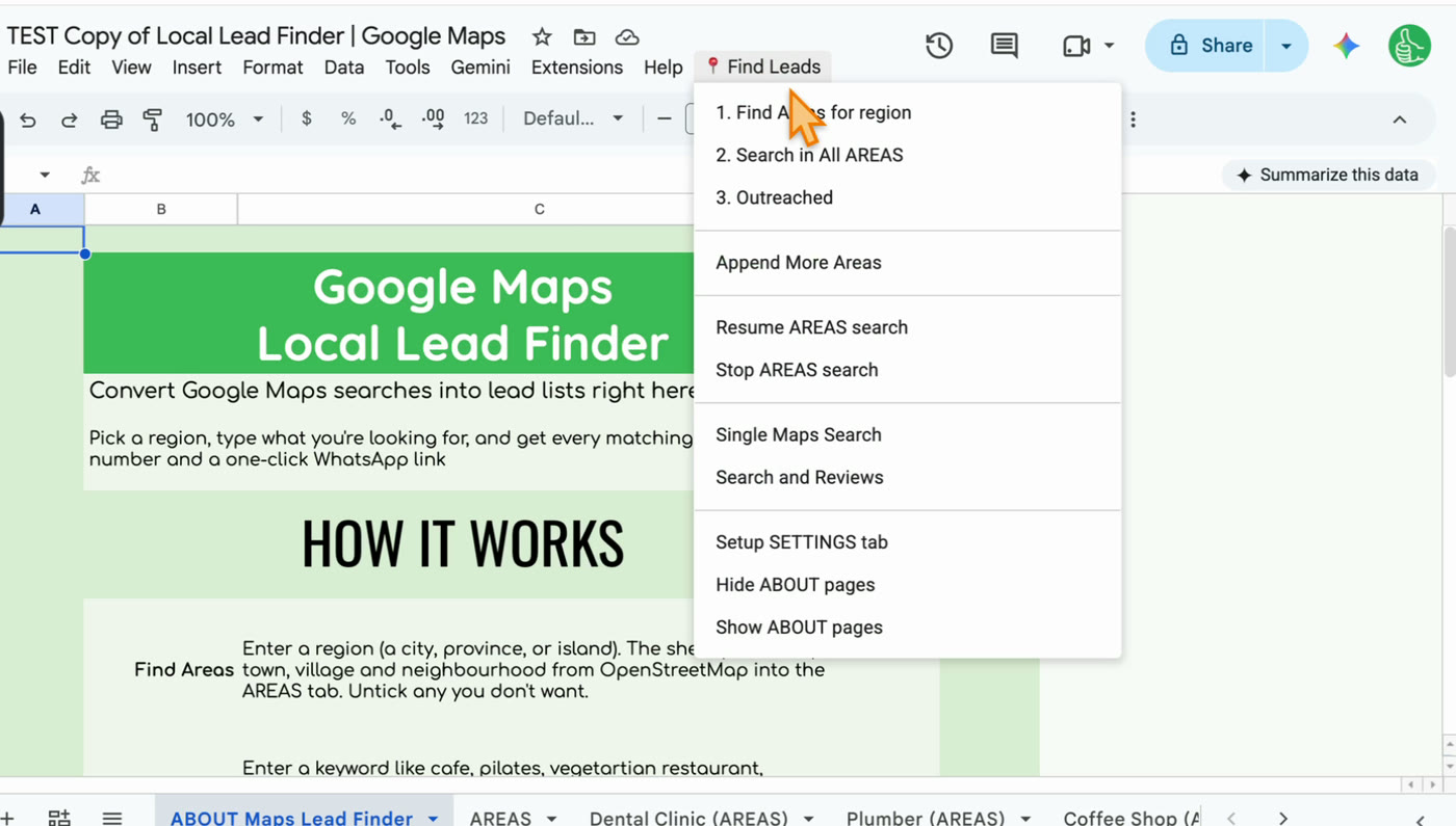 The Find Leads menu: 1. Find Areas for region, 2. Search in All AREAS, 3. Outreached