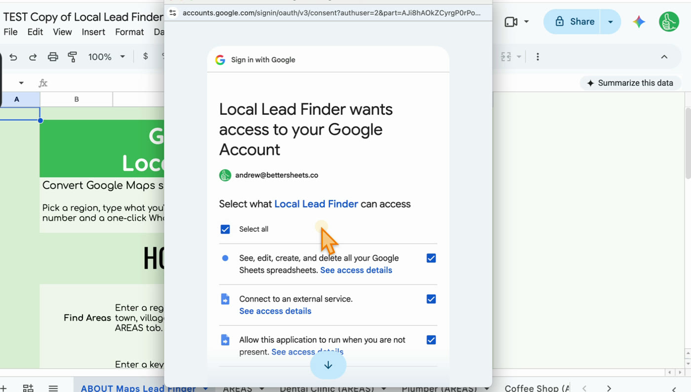 Google's "Local Lead Finder wants access to your Google Account" screen