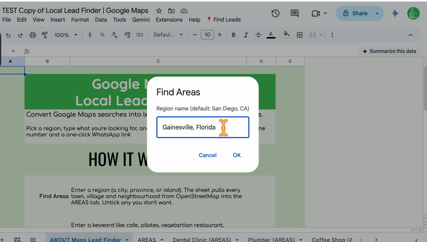 The Find Areas box with Gainesville, Florida typed in