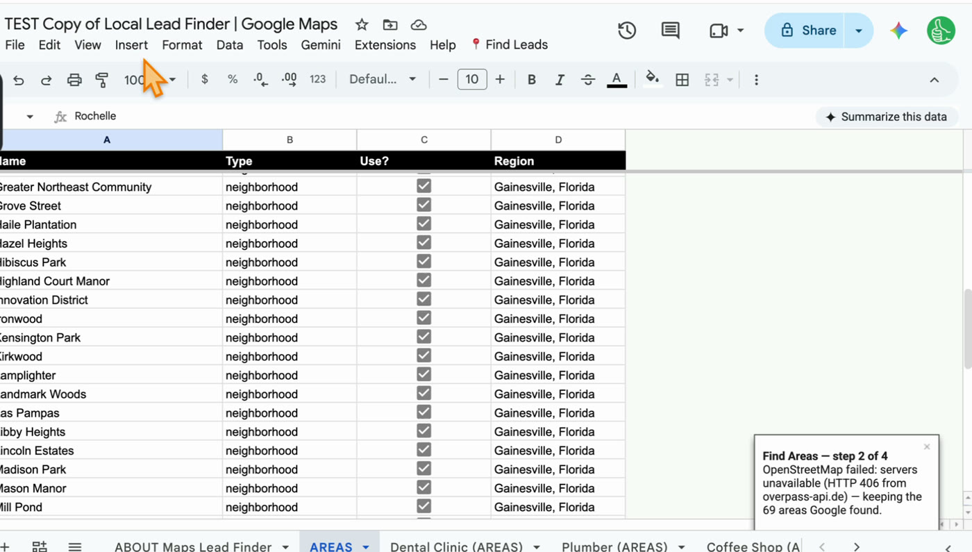 The AREAS tab: neighborhood names with a Use? checkbox for each