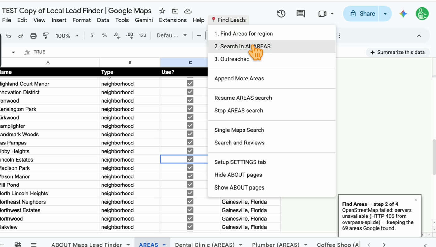 The Find Leads menu with Search in All AREAS highlighted