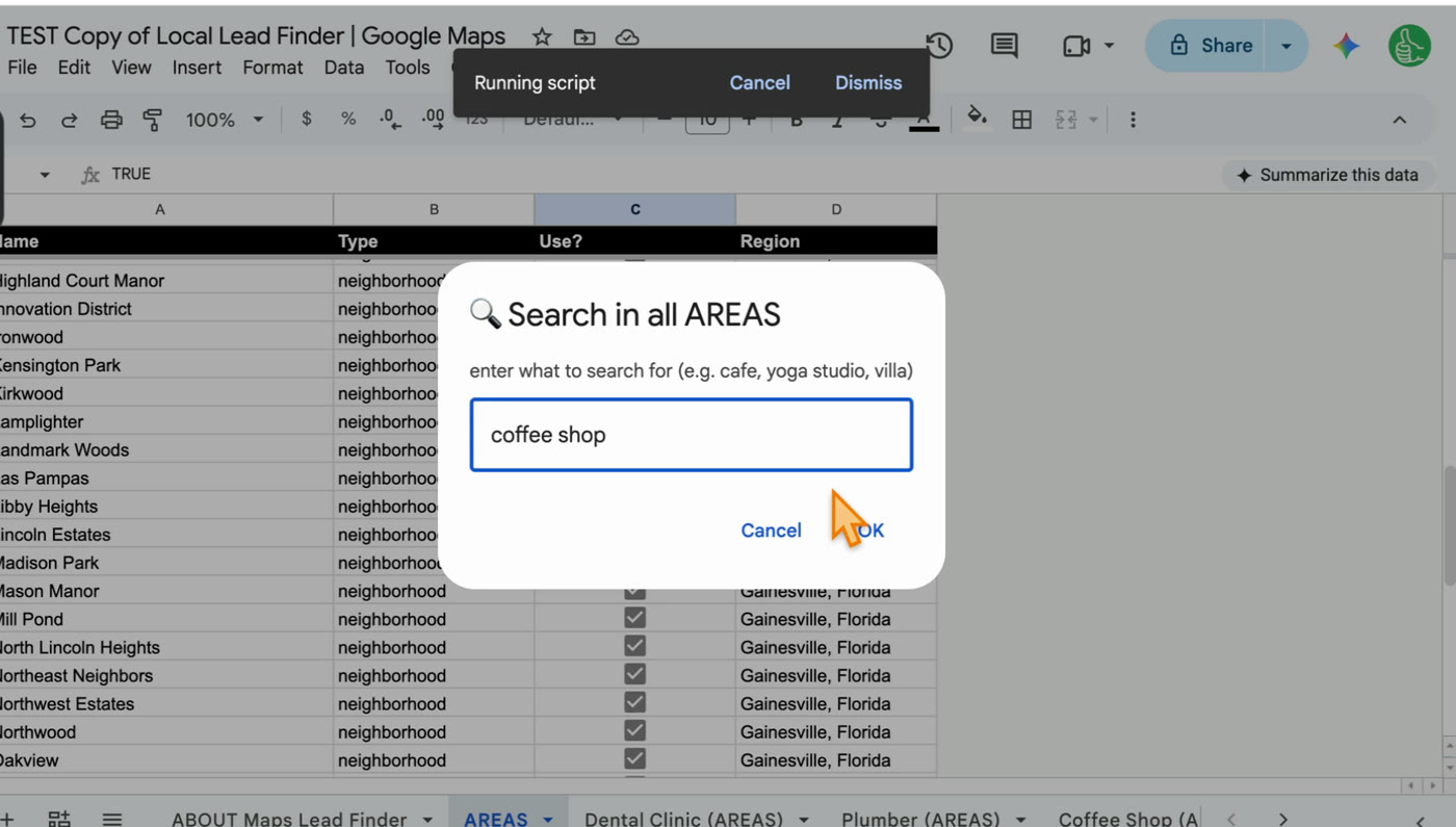 The Search in all AREAS box with coffee shop typed in