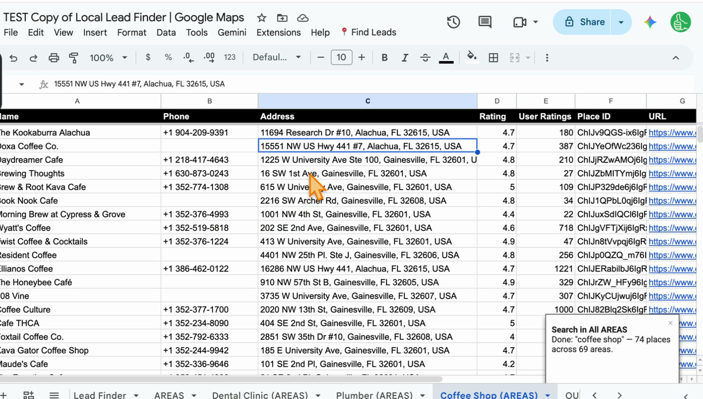 The Coffee Shop (AREAS) tab: name, phone, address, rating and number of ratings