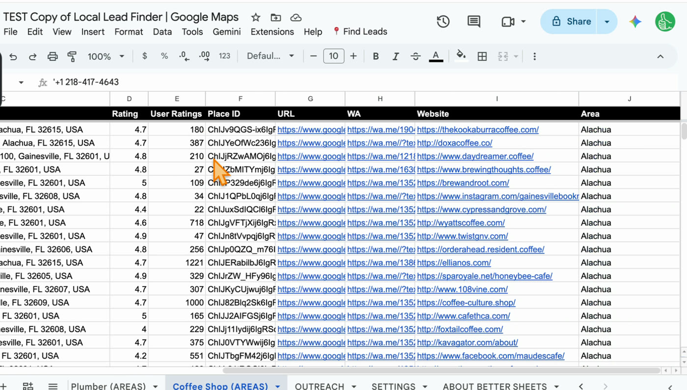 The URL, WA and Website columns