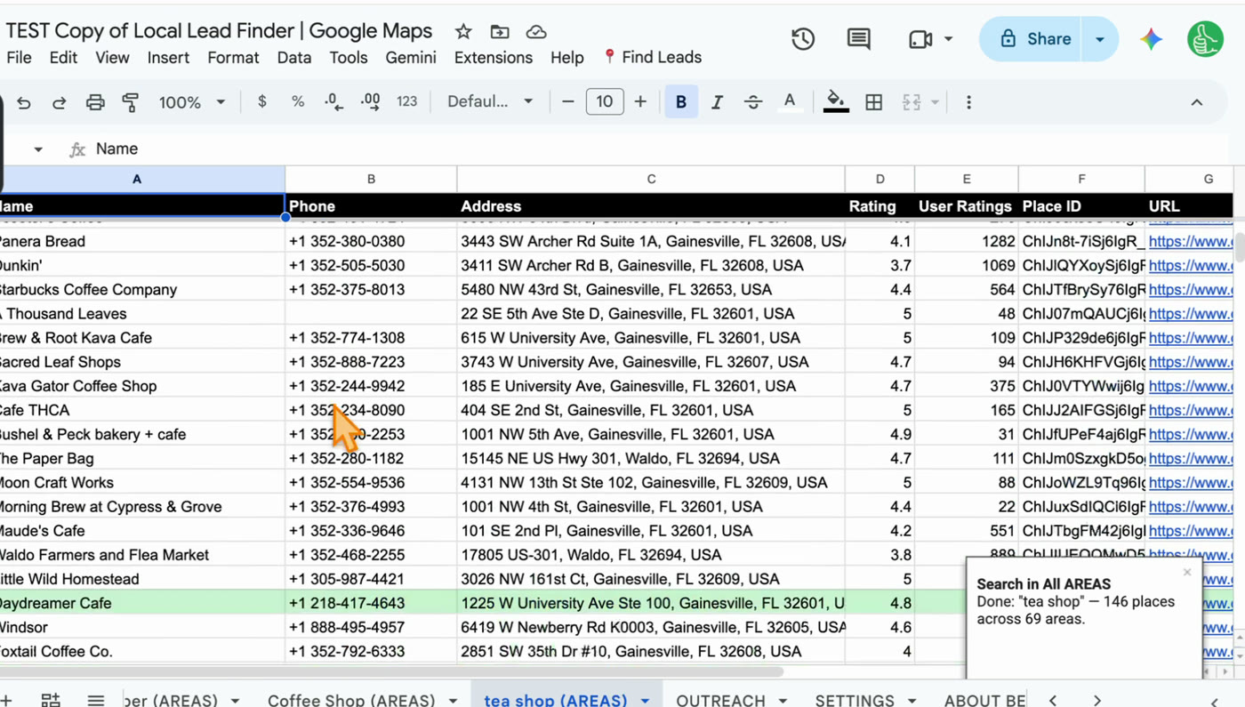 The tea shop (AREAS) tab with Daydreamer Cafe highlighted green